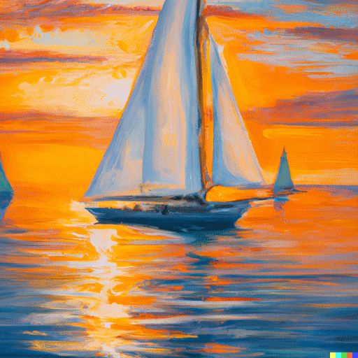 Sailboat on lake in the setting sun (DALL-E)