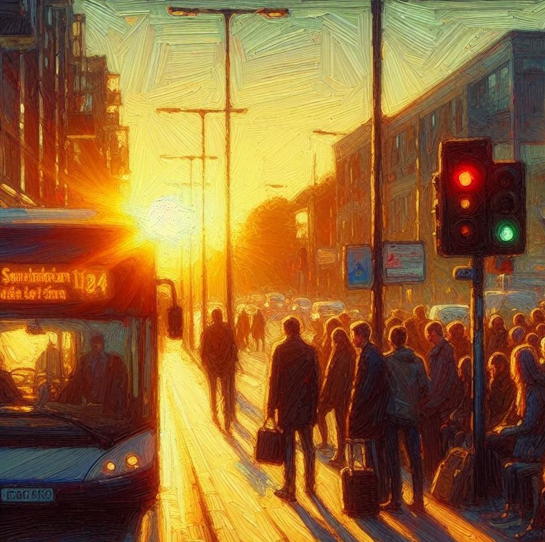 MS Designer generated image of a crowd at a bus-stop