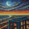 Gemini generated oil painting of a quarter moon from a rooftop