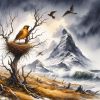 Microsoft Designer created water colour of a bird in quest of a next in harsh env