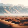 Microsoft create image of sparrow flying over a desert to a distant oasis