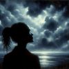 Image created by Microsoft Designer of a girl looking at cloudy night sky