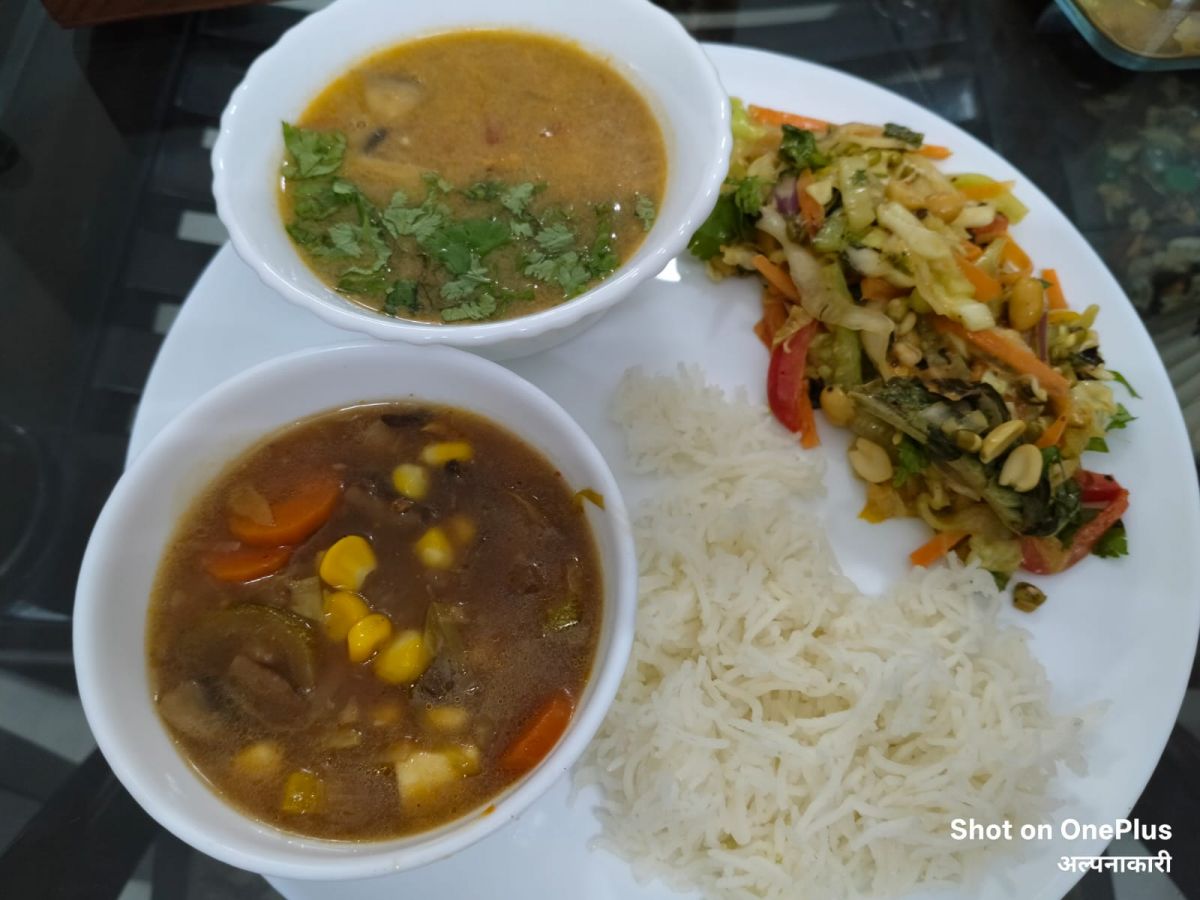 thai peanut dressing + moong sprout salad, thai lentil soup, indo chinese veg .jpg
